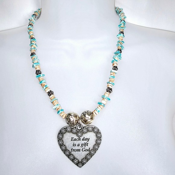 FAF Necklace Religious Pewter Pendant Sea Shell Beach Silvertone Accents 18" - Picture 1 of 7